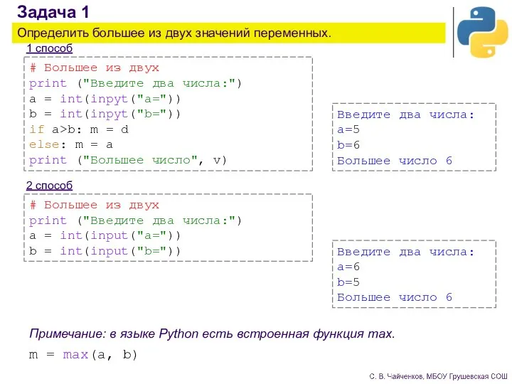 Задача 1 Определить большее из двух значений переменных. 1 способ 2 способ