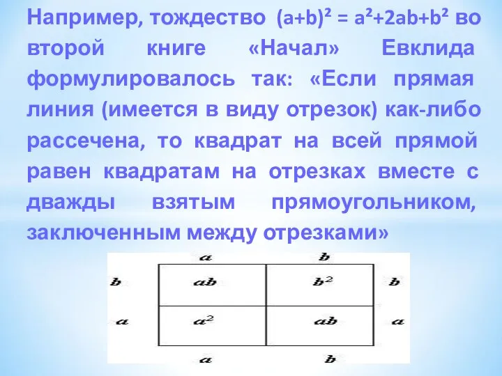 Например, тождество (a+b)² = a²+2ab+b² во второй книге «Начал» Евклида формулировалось так: