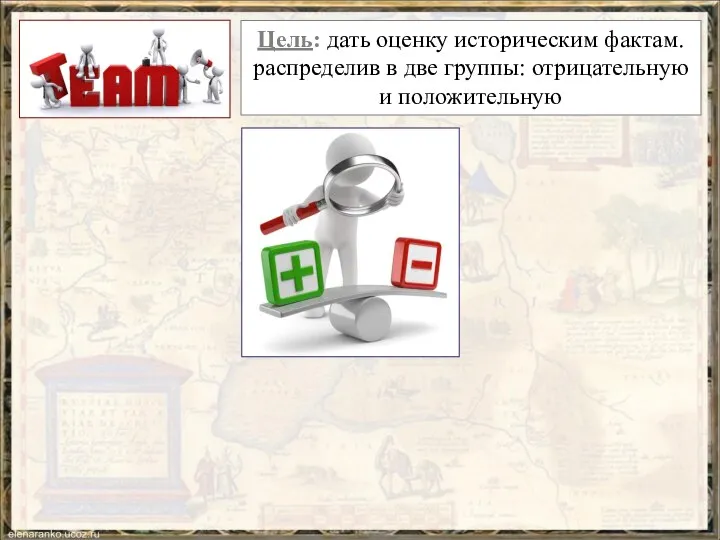 Цель: дать оценку историческим фактам. распределив в две группы: отрицательную и положительную