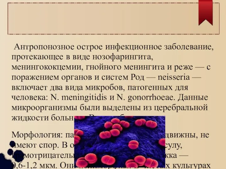 Антропонозное острое инфекционное заболевание, протекающее в виде нозофарингита, менингококцемии, гнойного менингита и