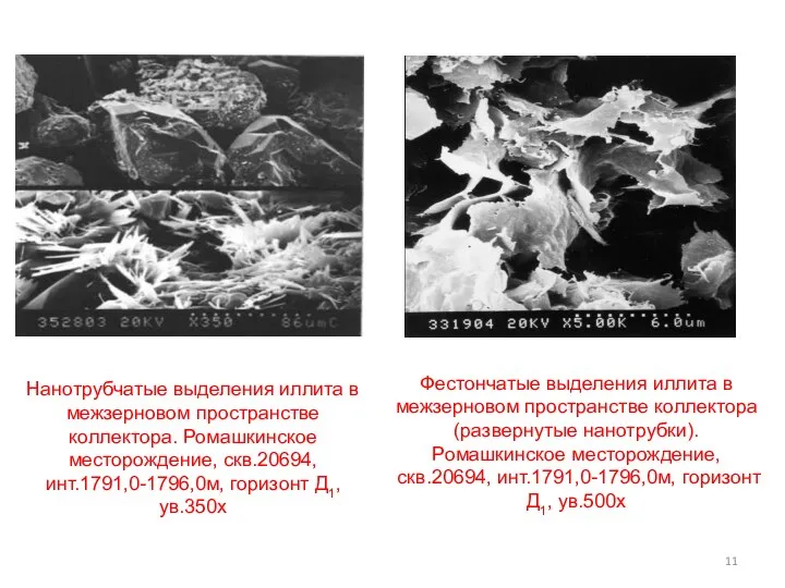 Нанотрубчатые выделения иллита в межзерновом пространстве коллектора. Ромашкинское месторождение, скв.20694, инт.1791,0-1796,0м, горизонт