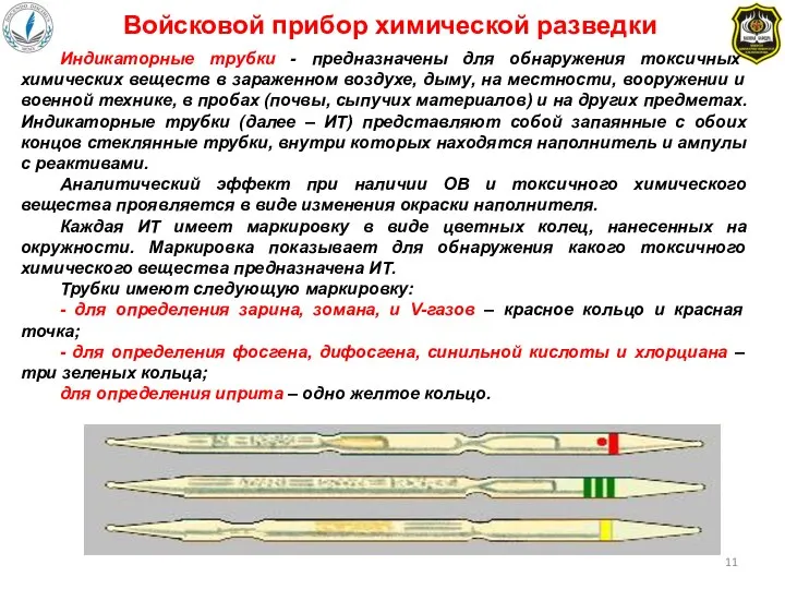 Войсковой прибор химической разведки Индикаторные трубки - предназначены для обнаружения токсичных химических