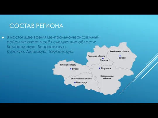 СОСТАВ РЕГИОНА В настоящее время Центрально-черноземный район включает в себя следующие области: