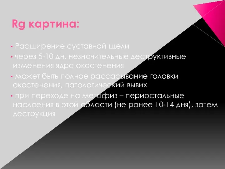 Rg картина: Расширение суставной щели через 5-10 дн. незначительные деструктивные изменения ядра