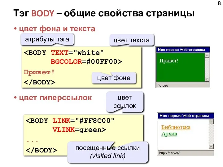 Тэг BODY – общие свойства страницы цвет фона и текста цвет гиперссылок