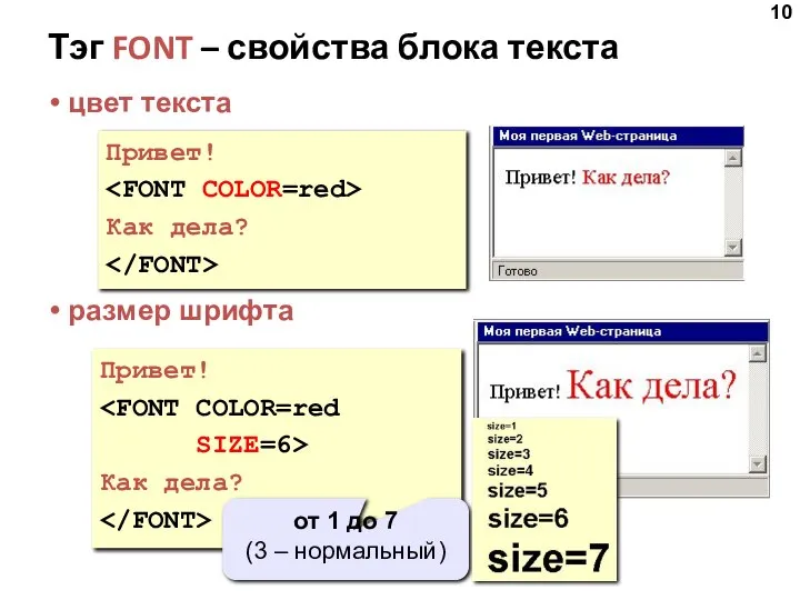 Тэг FONT – свойства блока текста цвет текста размер шрифта Привет! Как