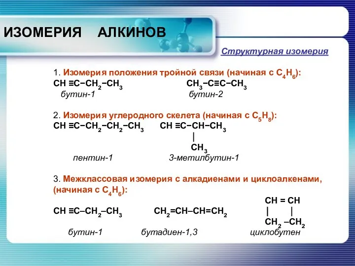 Структурная изомерия 1. Изомерия положения тройной связи (начиная с С4Н6): СН ≡С−СН2−СН3