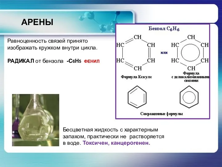 Равноценность связей принято изображать кружком внутри цикла. РАДИКАЛ от бензола -С6Н5 ФЕНИЛ