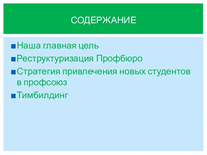 Наша главная цель Реструктуризация Профбюро Стратегия привлечения новых студентов в профсоюз Тимбилдинг СОДЕРЖАНИЕ