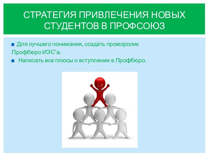 Для лучшего понимания, создать проморолик Профбюро ИЭС’а. Написать все плюсы о вступлении