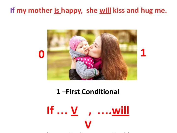 If my mother is happy, she will kiss and hug me. 1