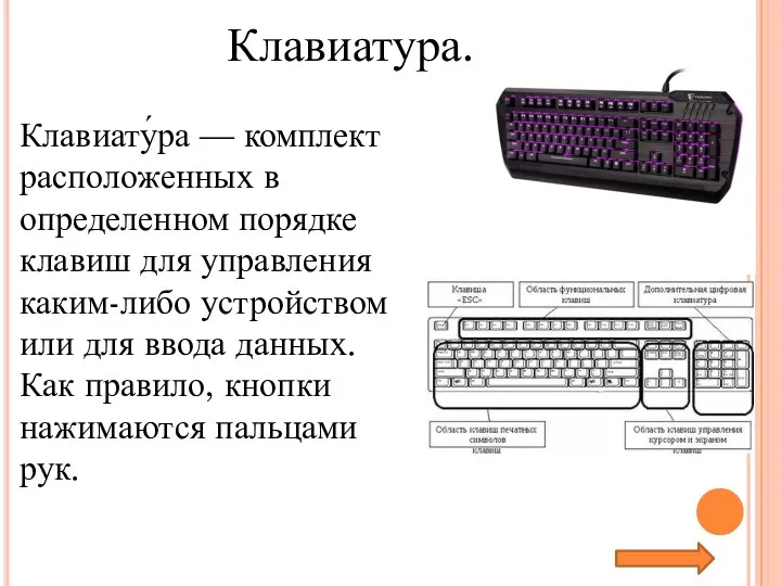 Клавиатура. Клавиату́ра — комплект расположенных в определенном порядке клавиш для управления каким-либо