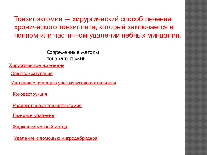 Тонзилэктомия — хирургический способ лечения хронического тонзиллита, который заключается в полном или