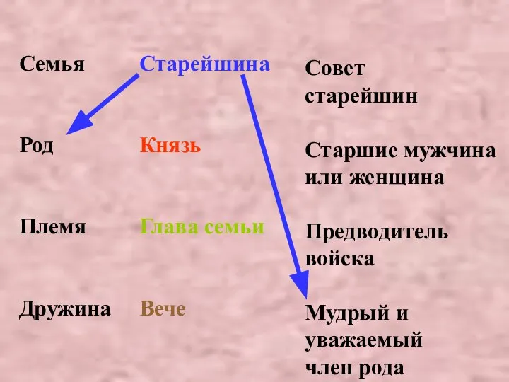 Семья Род Племя Дружина Старейшина Князь Глава семьи Вече Совет старейшин Старшие