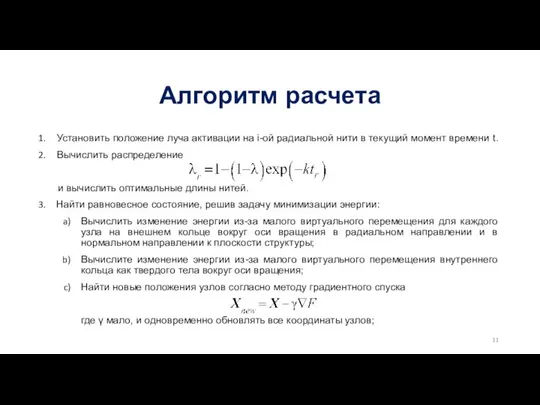 Алгоритм расчета Установить положение луча активации на i-ой радиальной нити в текущий