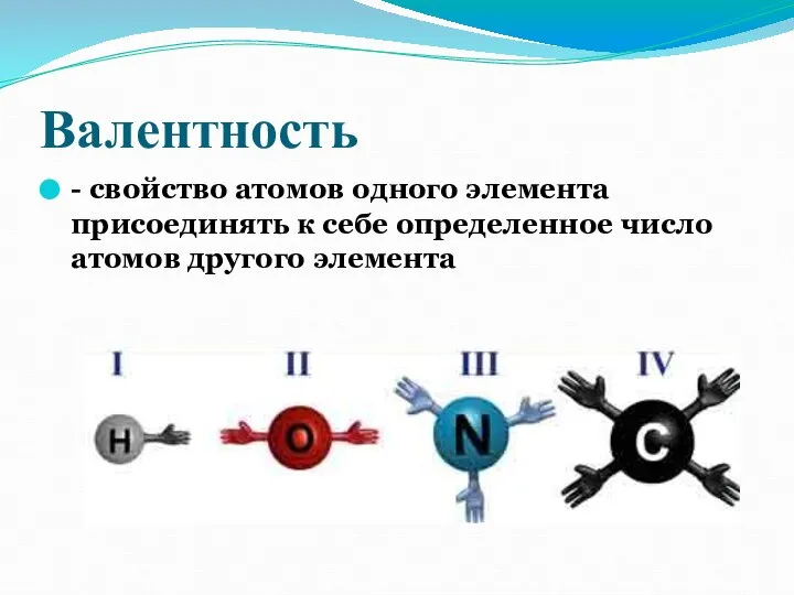 Валентность - свойство атомов одного элемента присоединять к себе определенное число атомов другого элемента