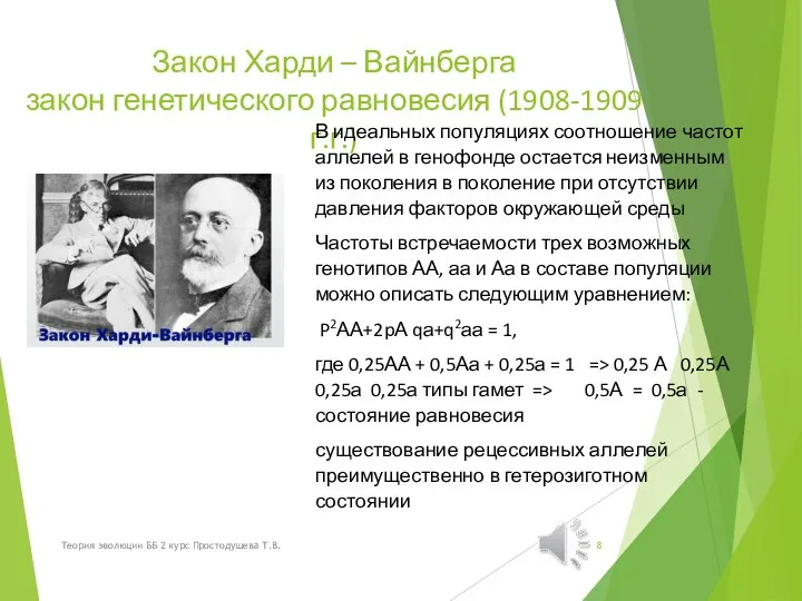 Закон Харди – Вайнберга закон генетического равновесия (1908-1909 г.г.) В идеальных популяциях