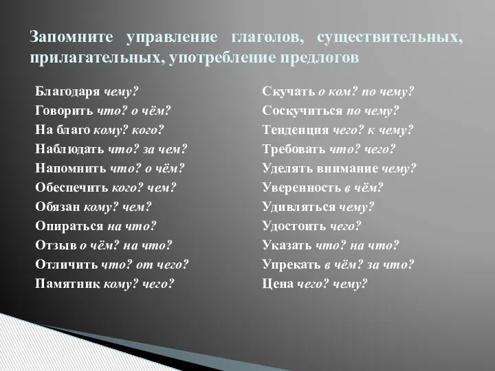 Благодаря чему? Говорить что? о чём? На благо кому? кого? Наблюдать что?