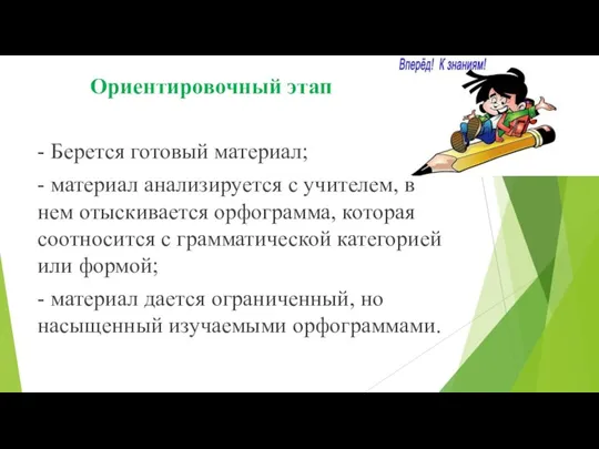 Ориентировочный этап - Берется готовый материал; - материал анализируется с учителем, в