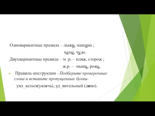 Одновариантные правила – лыжи, машина ; чаща, чудо. Двухвариантные правила – м