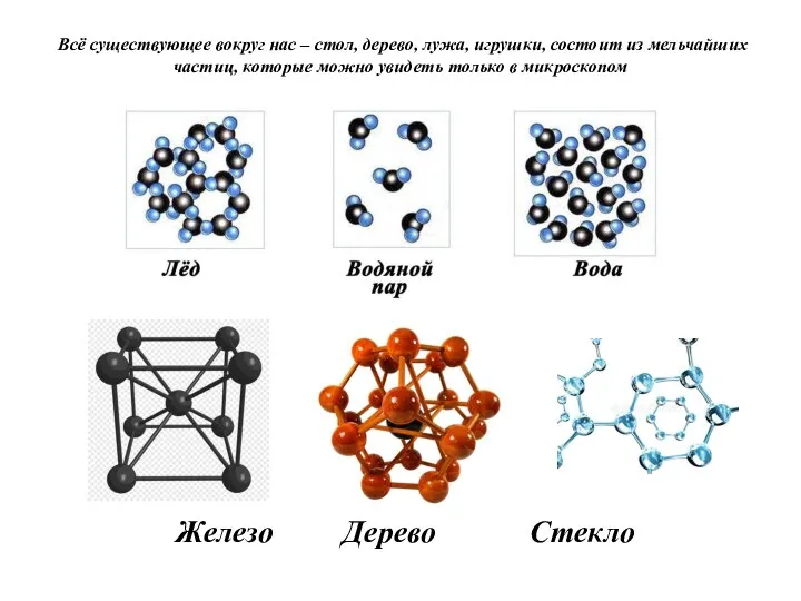 Молекулы Всё существующее вокруг нас – стол, дерево, лужа, игрушки, состоит из