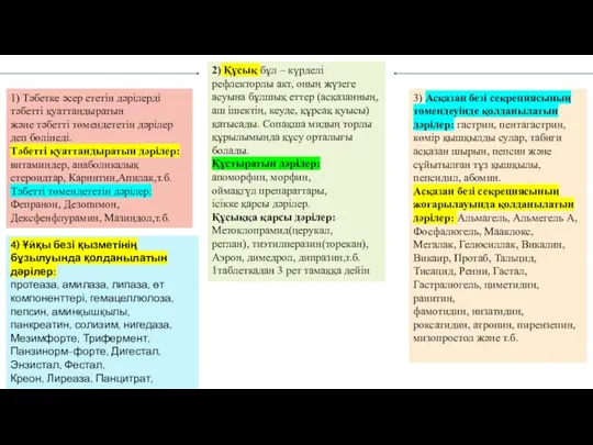 1) Тәбетке әсер ететін дәрілерді тәбетті қуаттандыратын және тәбетті төмендететін дәрілер деп