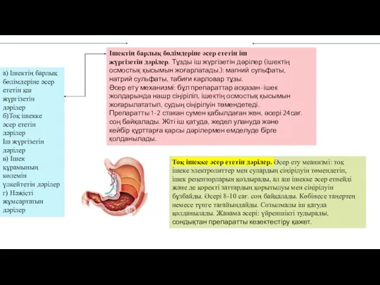а) Ішектің барлық бөлімдеріне әсер ететін қш жүргізетін дәрілер б)Тоқ ішекке әсер