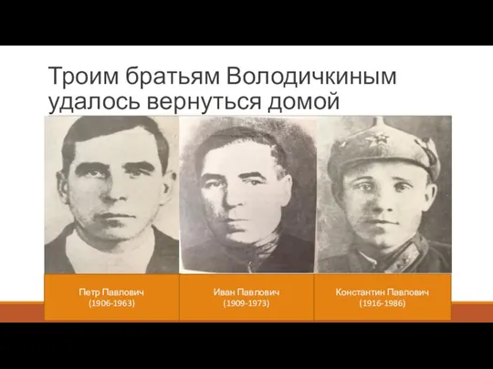 Троим братьям Володичкиным удалось вернуться домой Петр Павлович (1906-1963) Иван Павлович (1909-1973) Константин Павлович (1916-1986)