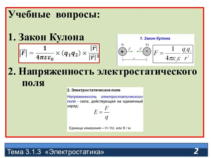 Учебные вопросы: 1. Закон Кулона 2. Напряженность электростатического поля Тема 3.1.3 «Электростатика»