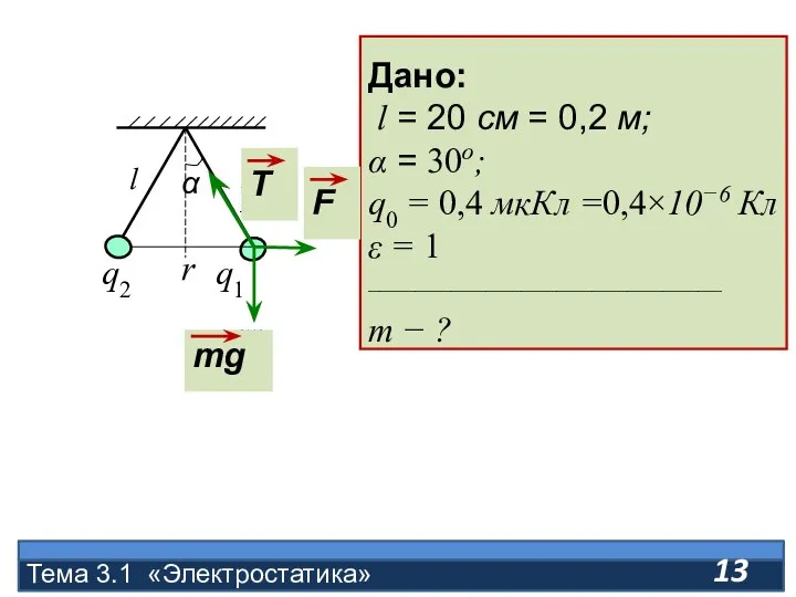 Тема 3.1 «Электростатика» Дано: l = 20 см = 0,2 м; α