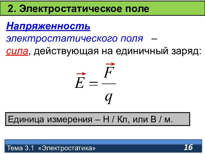 Тема 3.1 «Электростатика» Напряженность электростатического поля – сила, действующая на единичный заряд: