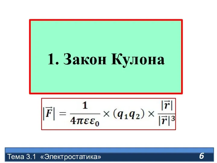 1. Закон Кулона Тема 3.1 «Электростатика»