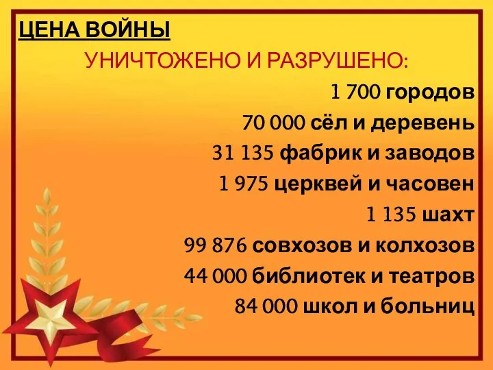 ЦЕНА ВОЙНЫ УНИЧТОЖЕНО И РАЗРУШЕНО: 1 700 городов 70 000 сёл и