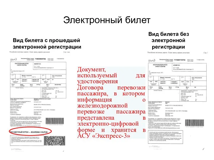 Электронный билет Вид билета с прошедшей электронной регистрации Вид билета без электронной регистрации