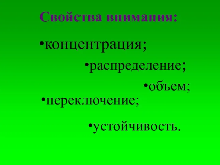 Свойства внимания: концентрация; распределение; объем; переключение; устойчивость.