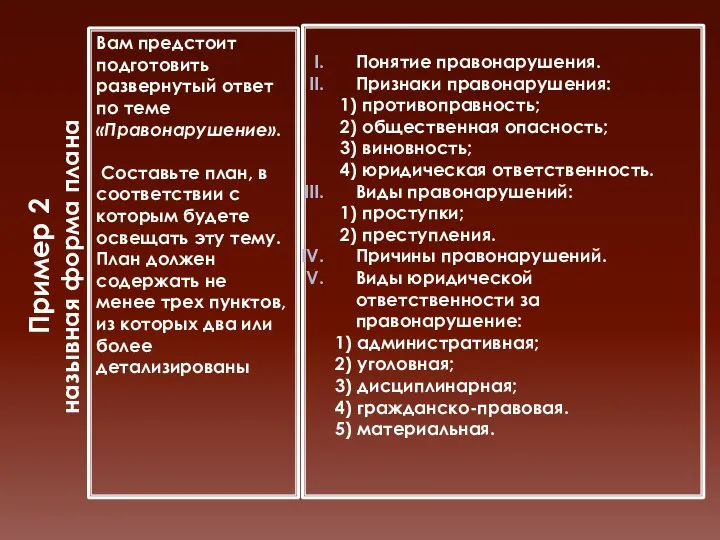 Пример 2 назывная форма плана Вам предстоит подготовить развернутый ответ по теме