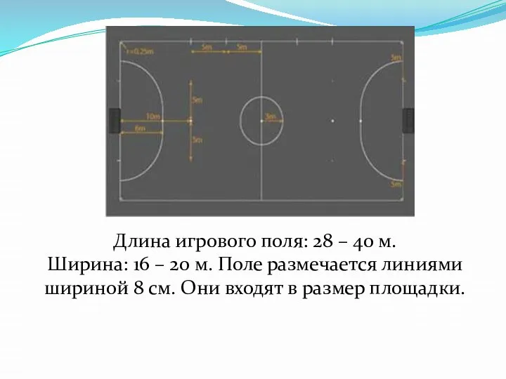 Длина игрового поля: 28 – 40 м. Ширина: 16 – 20 м.