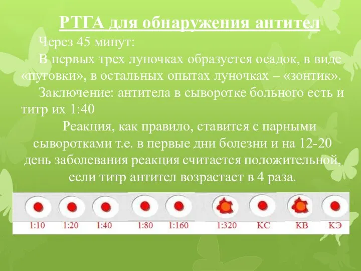 РТГА для обнаружения антител Через 45 минут: В первых трех луночках образуется