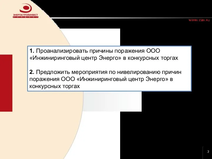 1. Проанализировать причины поражения ООО «Инжиниринговый центр Энерго» в конкурсных торгах 2.