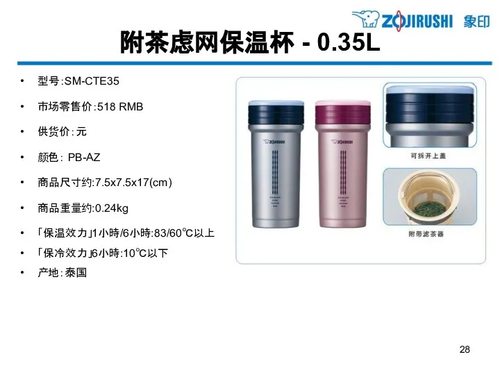 附茶虑网保温杯 - 0.35L 型号：SM-CTE35 市场零售价：518 RMB 供货价：元 颜色： PB-AZ 商品尺寸约:7.5x7.5x17(cm) 商品重量约:0.24kg 「保温效力」1小時/6小時:83/60℃以上 「保冷效力」6小時:10℃以下 产地：泰国