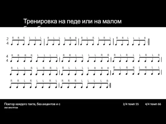 Тренировка на педе или на малом барабане Повтор каждого такта, без акцентов