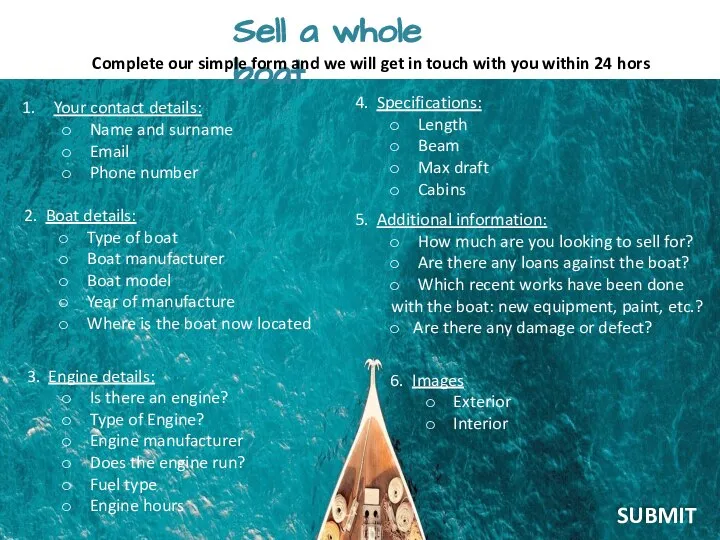 Sell a whole boat Your contact details: Name and surname Email Phone