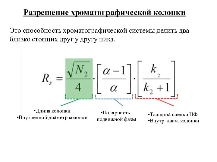 Разрешение хроматографической колонки Это способность хроматографической системы делить два близко стоящих друг