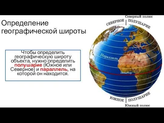 Определение географической широты Чтобы определить географическую широту объекта, нужно определить полушарие (Южное