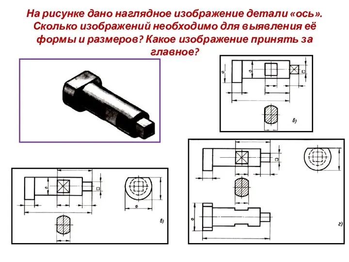 На рисунке дано наглядное изображение детали «ось». Сколько изображений необходимо для выявления