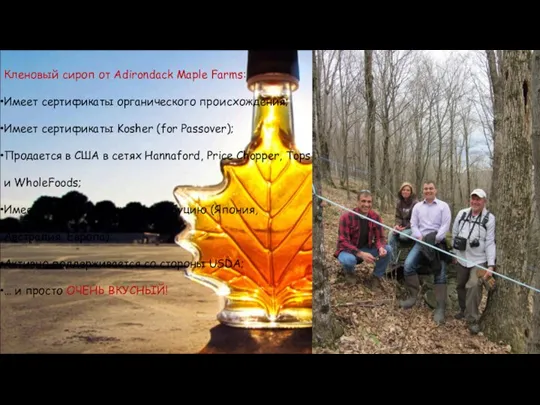 Кленовый сироп от Adirondack Maple Farms: Имеет сертификаты органического происхождения; Имеет сертификаты