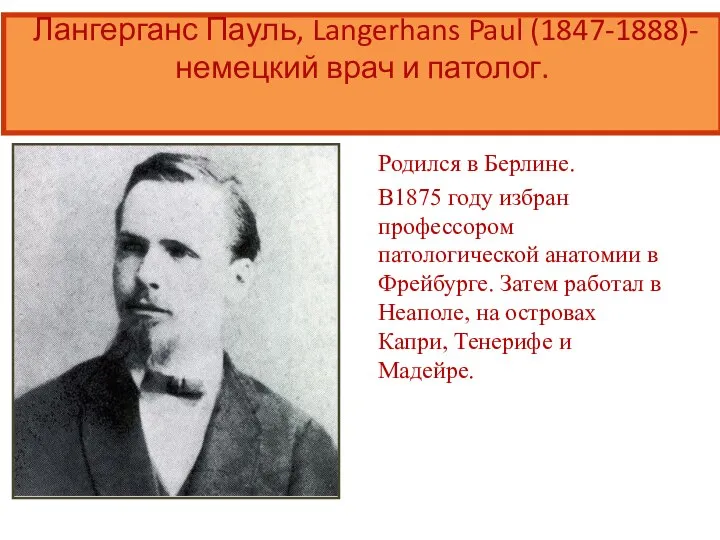 Лангерганс Пауль, Langerhans Paul (1847-1888)-немецкий врач и патолог. Родился в Берлине. В1875