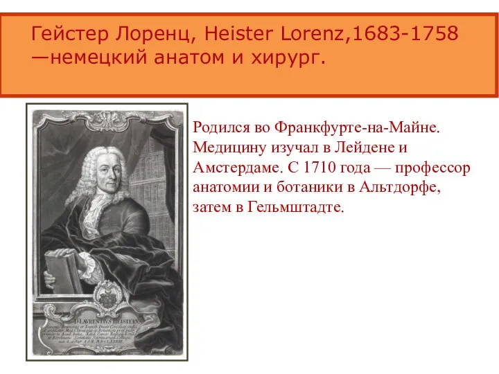 Гейстер Лоренц, Heister Lorenz,1683-1758 —немецкий анатом и хирург. Родился во Франкфурте-на-Майне. Медицину