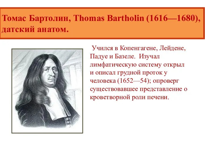 Томас Бартолин, Thomas Bartholin (1616—1680), датский анатом. Учился в Копенгагене, Лейдене, Падуе