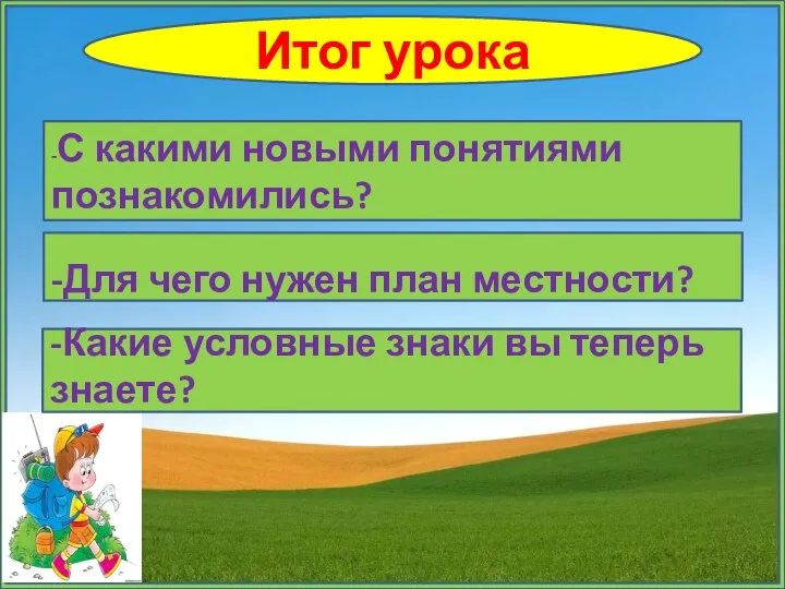 Итог урока -С какими новыми понятиями познакомились? -Для чего нужен план местности?